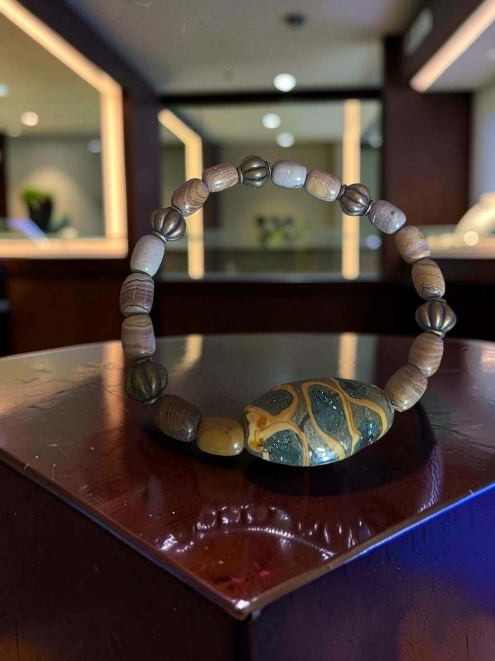 Jasper and Bronzite  Stretch Bracelet with Tibetan Style Eye Agate Focal Bead